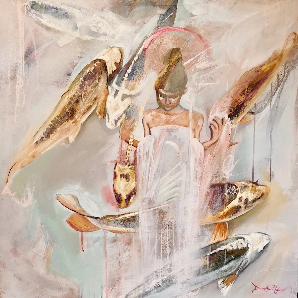 Painting of a self-possessed woman blossoming into her own identity amid color