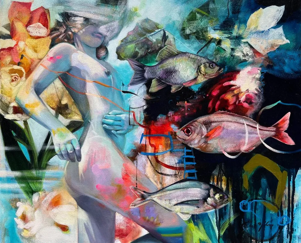 Painting of a figure pausing to draw a slow restorative breath in calm