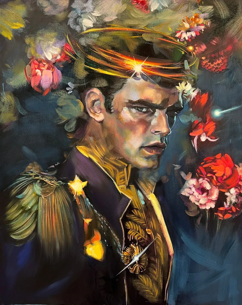 Painting of an open-handed figure radiating generous warmth outward