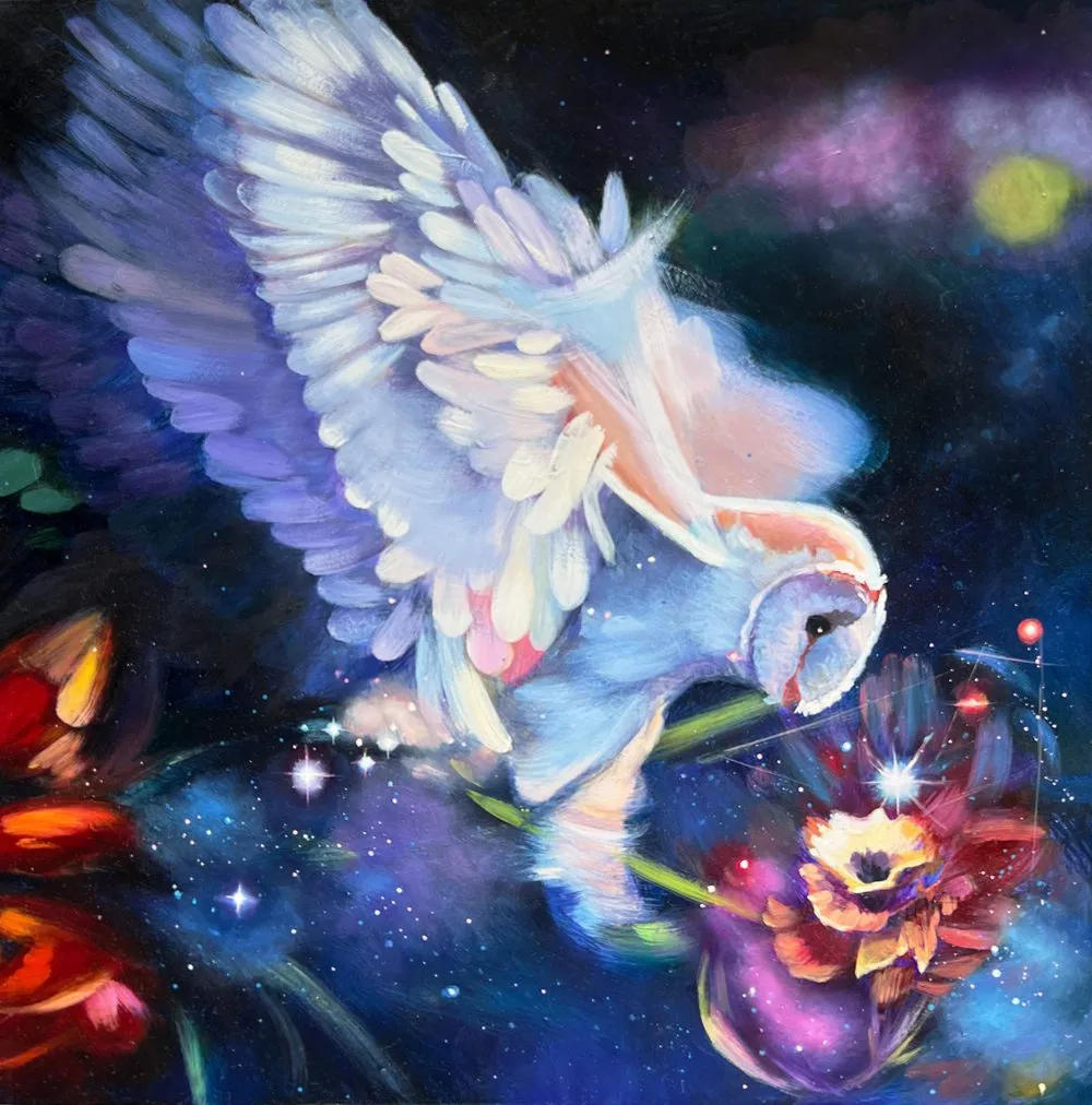 Painting of a serene figure moving in clear harmony with her purpose