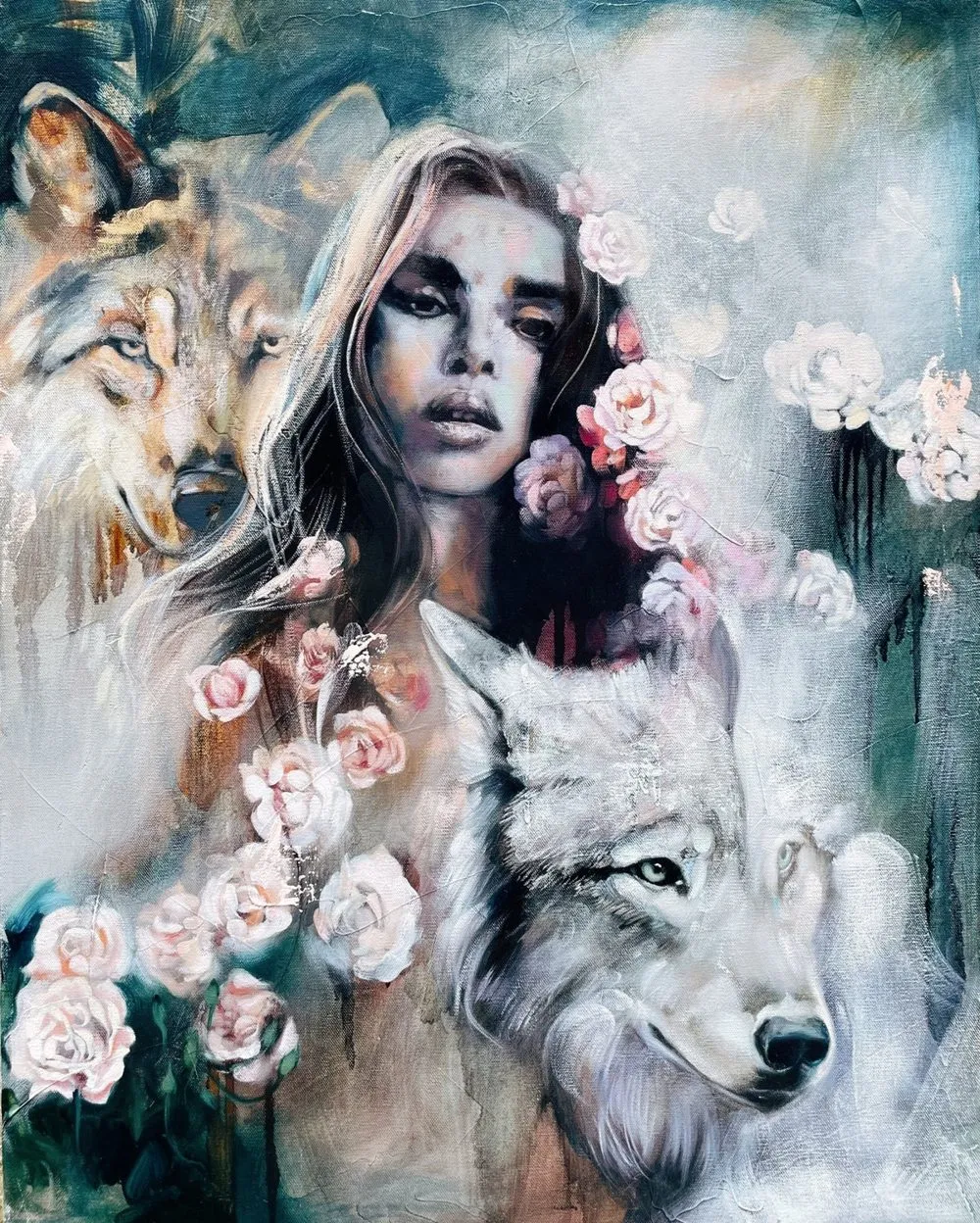 Painting of untamed creatures and a girl renewed in bold wild nature