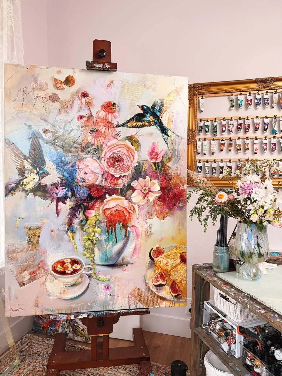 Painting of a girl among bees and flowers in a golden dreamscape