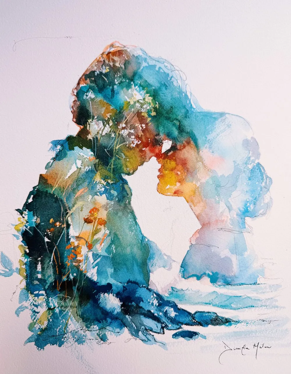 Painting of a girl resting tenderly with animals in a sheltering embrace