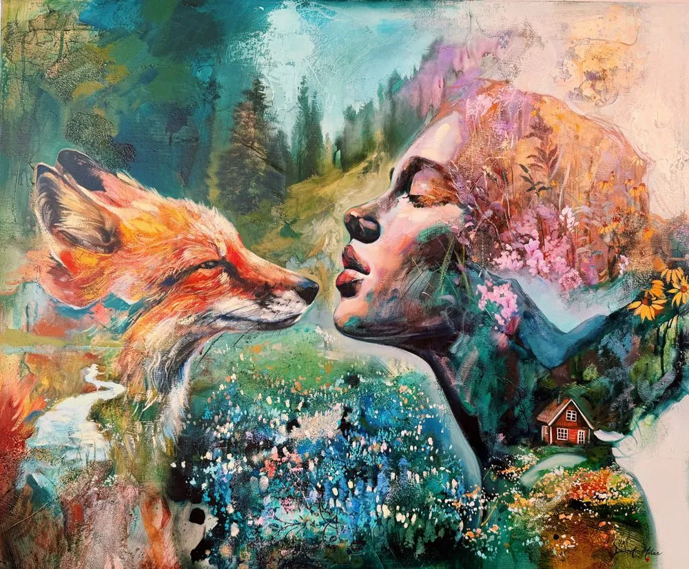Painting of a girl cradling animals close in a warm floral haven