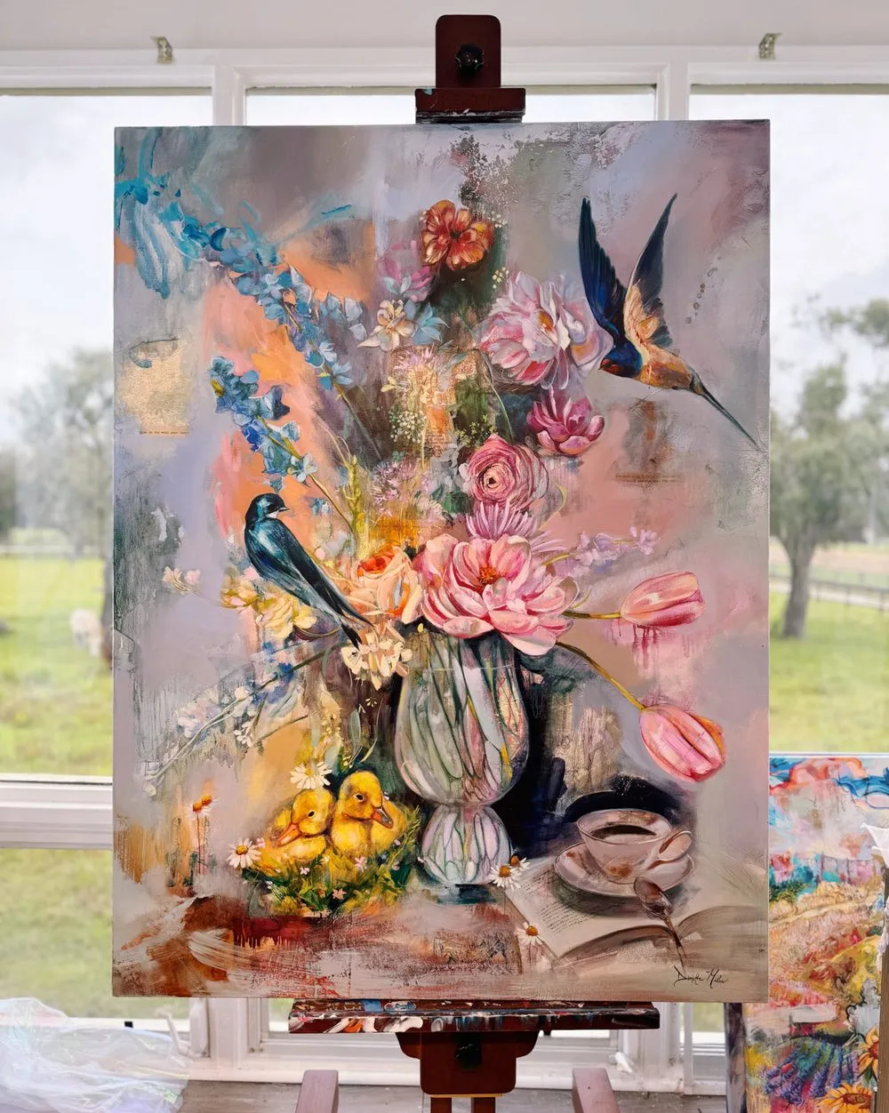 Painting of a girl at a whimsical tea scene amid music and blooms
