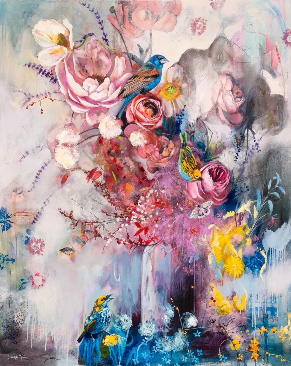 A graceful figure standing within a flourishing flower garden, blossoms rising warmly all around her