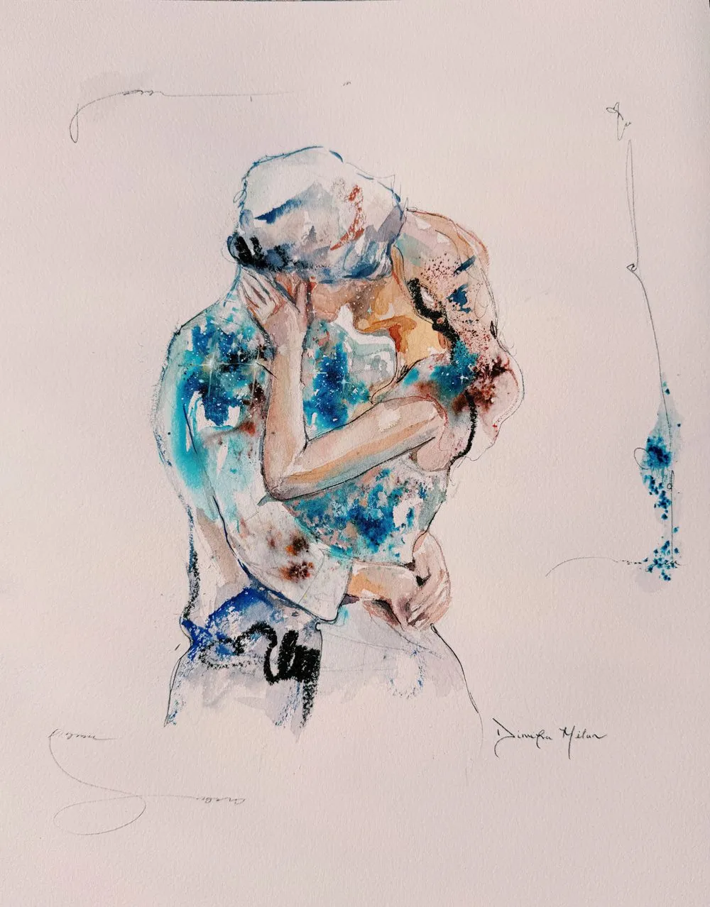 A watercolor figure and animals awakening together in nature, washes and lines layered into a lively mixed surface