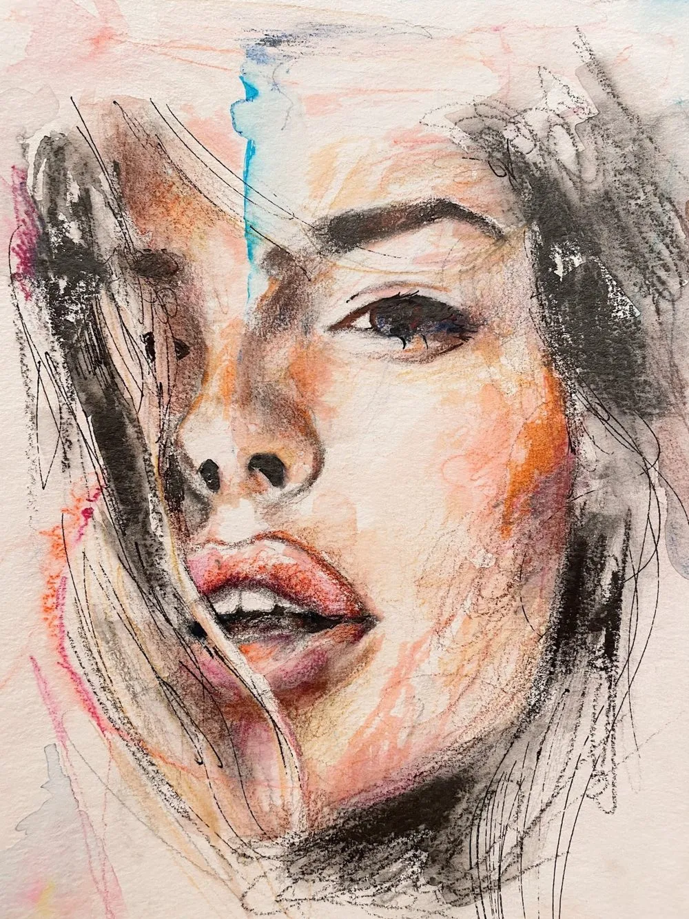 A loose watercolor sketch of a free-spirited figure taking flight, pencil lines and washes layered openly together