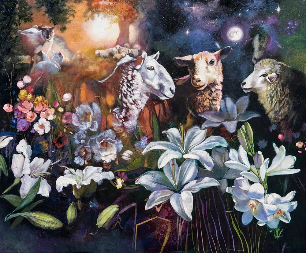 Gentle creatures wandering peacefully through a wide field of lilies, a calm and wholesome pastoral hush
