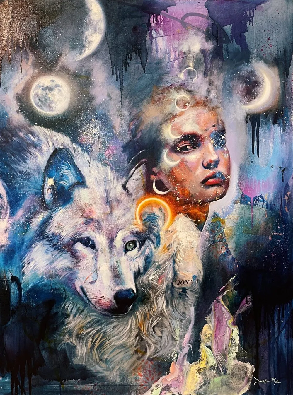 A figure mirrored against a luminous celestial sky, translucent layers of light glowing through one another