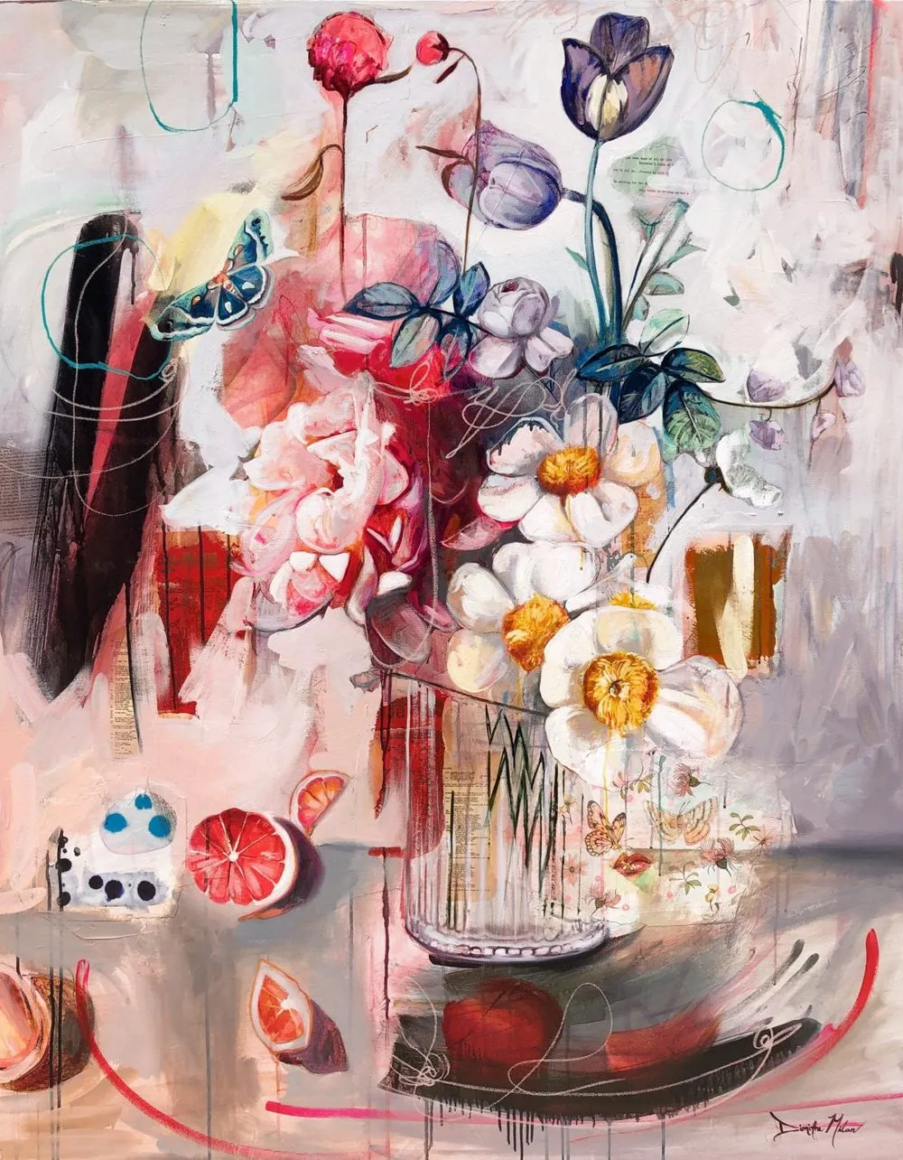 A tender figure dissolving softly into blossoms and color, fully open and beautifully undone