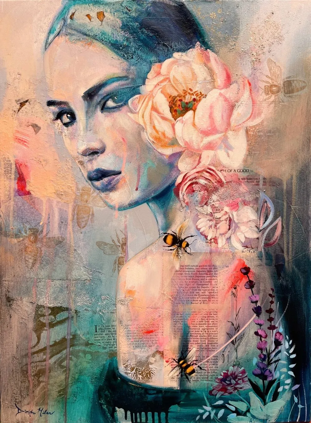 A regal, ornately adorned woman gazing out in a striking portrait, opulent detail framing her commanding presence