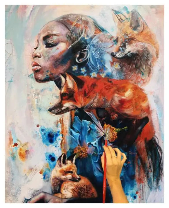 Romantic figurative painting in progress with warm orange and cool blue tones and two foxes