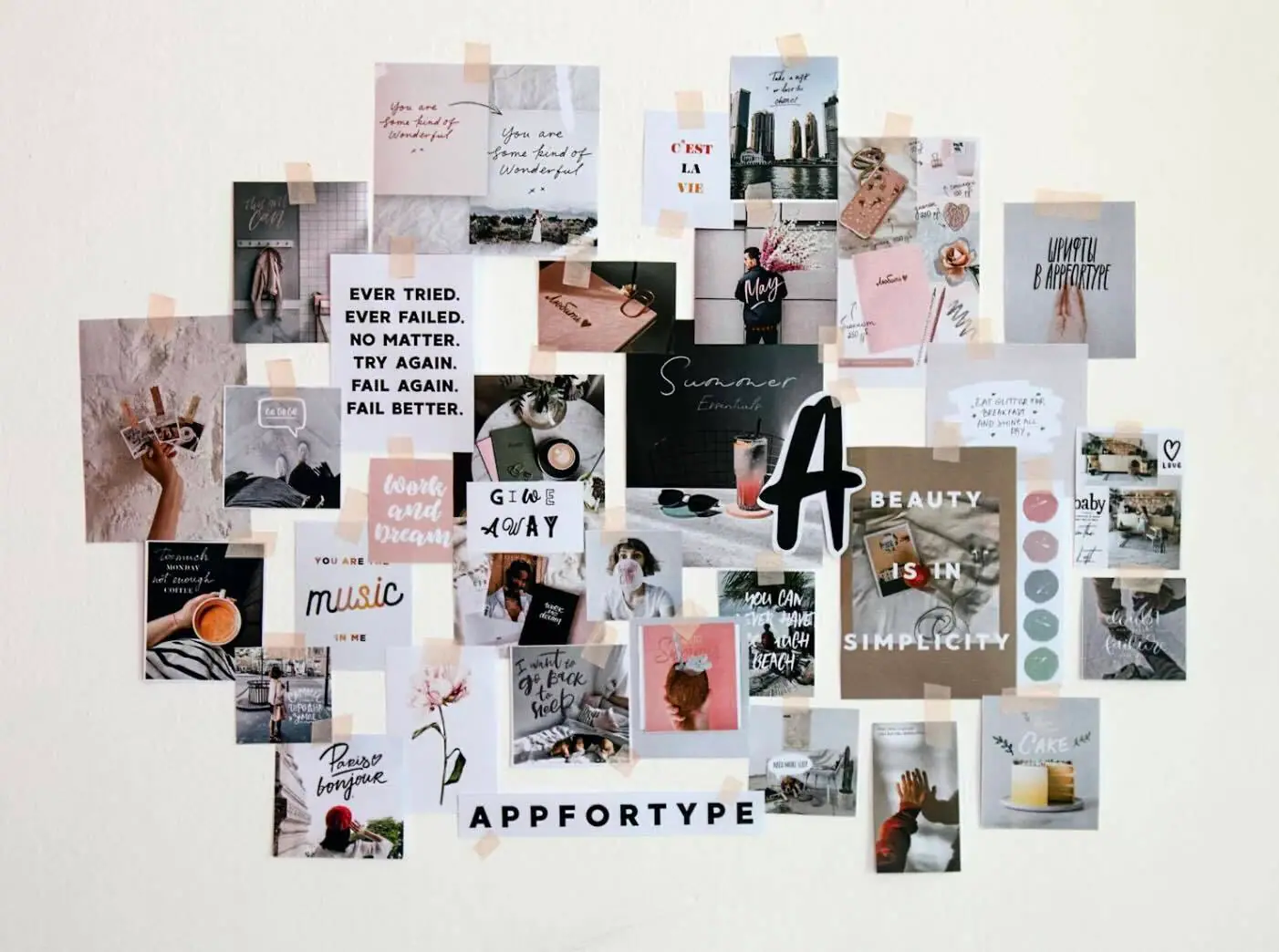 A collage style vision board mixing torn photographs, color swatches, and textures pinned together for painting reference