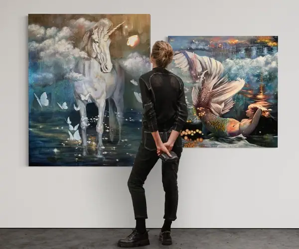 A visitor viewing a large painting of a horse and mermaid in blue and peach tones on a gallery wall