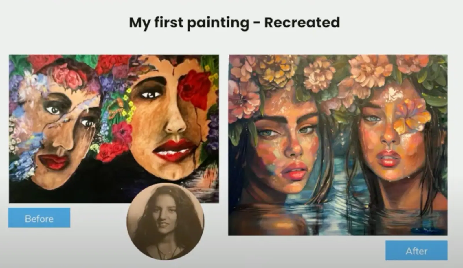 A first beginner portrait next to a faster confident remake of the same subject years later