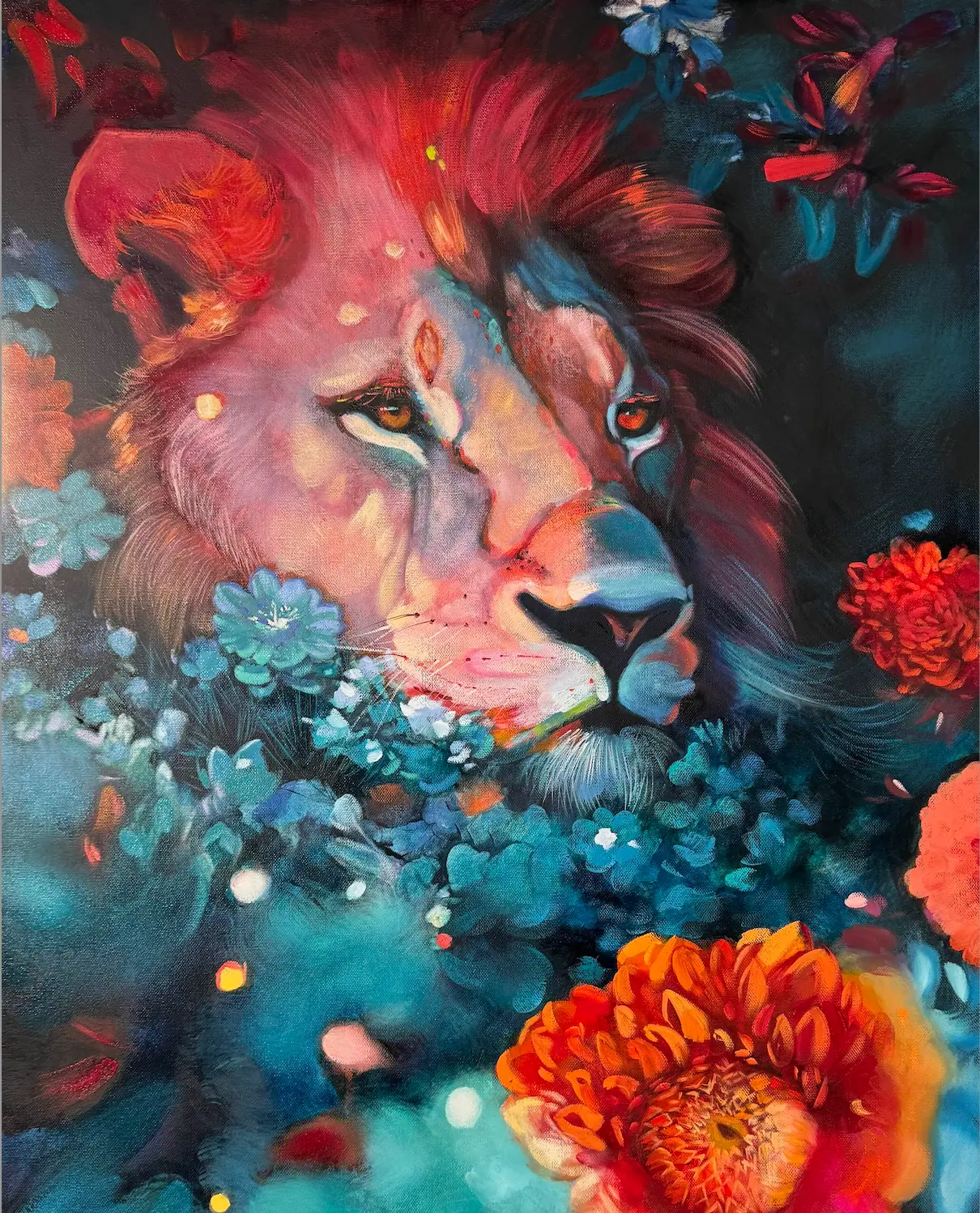 Painting of a red and pink lion surrounded by blue flowers