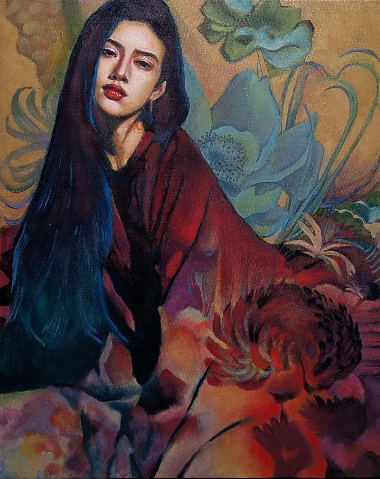 Painting of a woman lying among blue and red flowers, titled Awakening