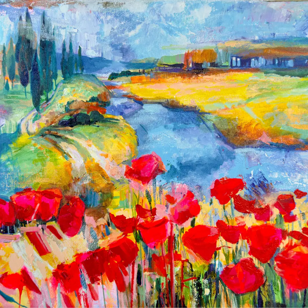 Abstract landscape painting using expressive color and bold marks to convey atmosphere