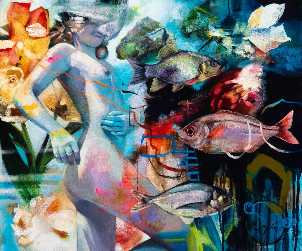 Painting of a woman underwater surrounded by fish in soft pinks, greys, and blues