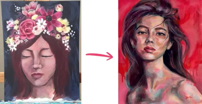 Before and after stages of a painted portrait of a woman with pink flowers against a red background