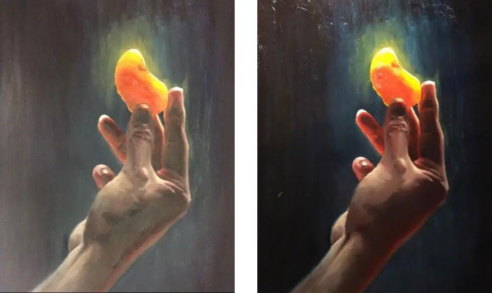 A painting of a hand holding an orange shown before and after varnishing, with the varnished side noticeably richer in color