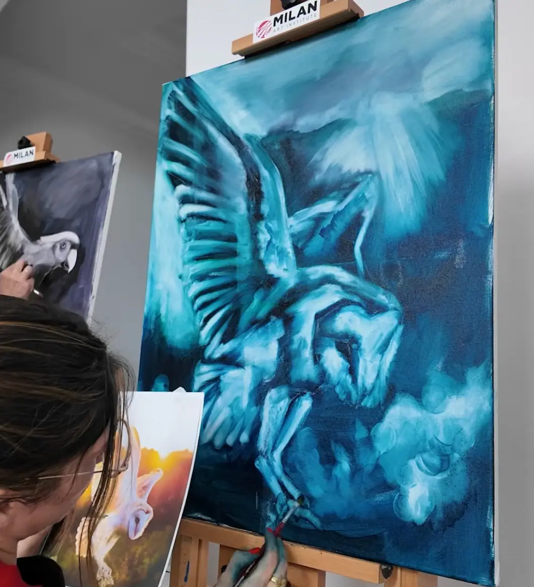 Underpainting in blue and white showing clear separation of light and shadow shapes