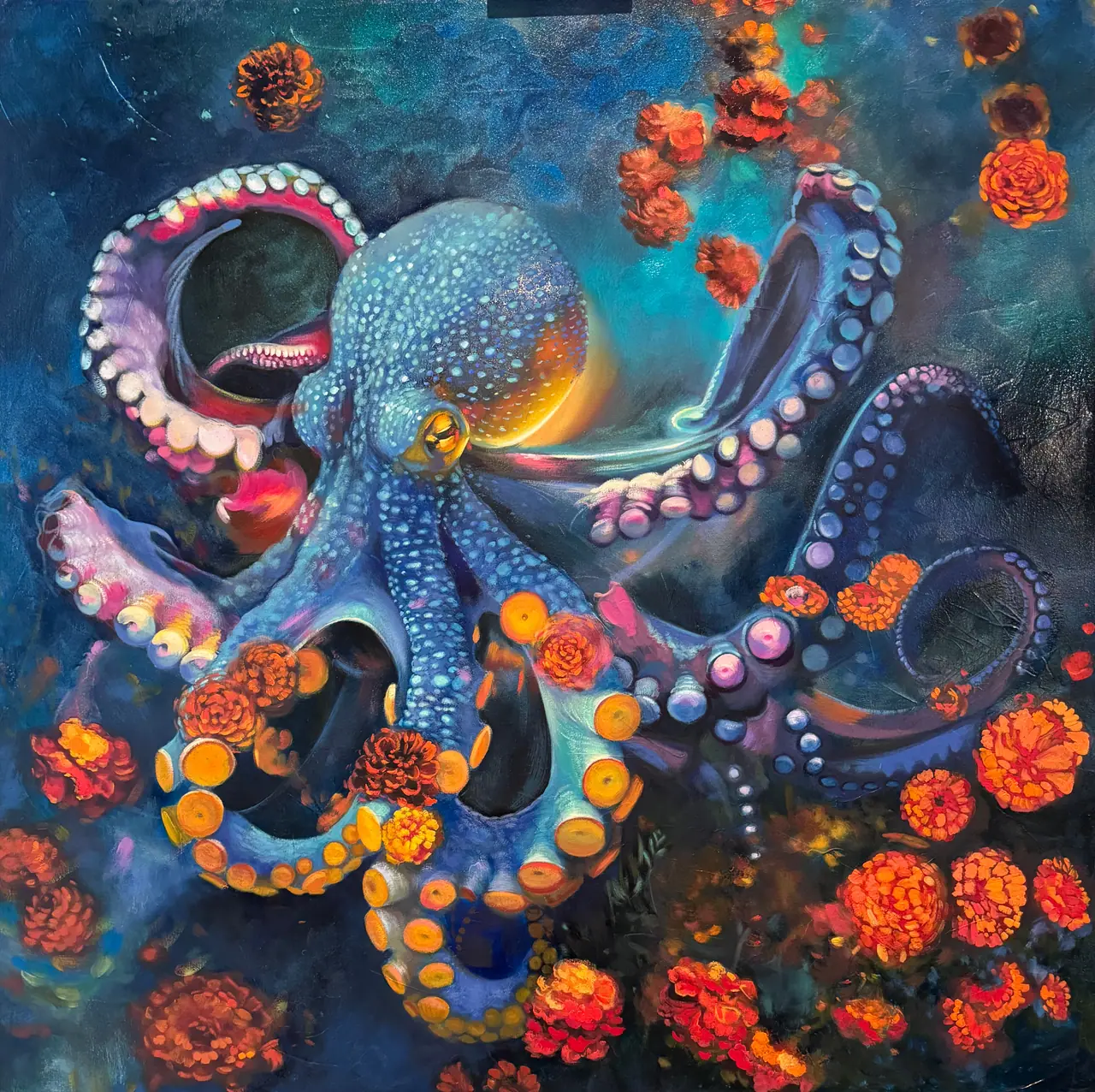 Vivid painting of a blue and yellow octopus surrounded by orange marigolds in an undersea scene
