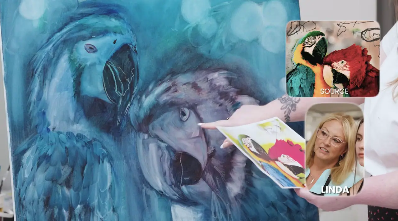 Underpainting of parrots in blue and white beside its source photo and the artist