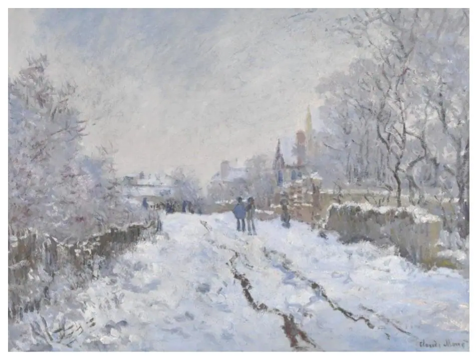 Snow Scene at Argenteuil by Claude Monet showing figures and houses under falling snow in soft winter light