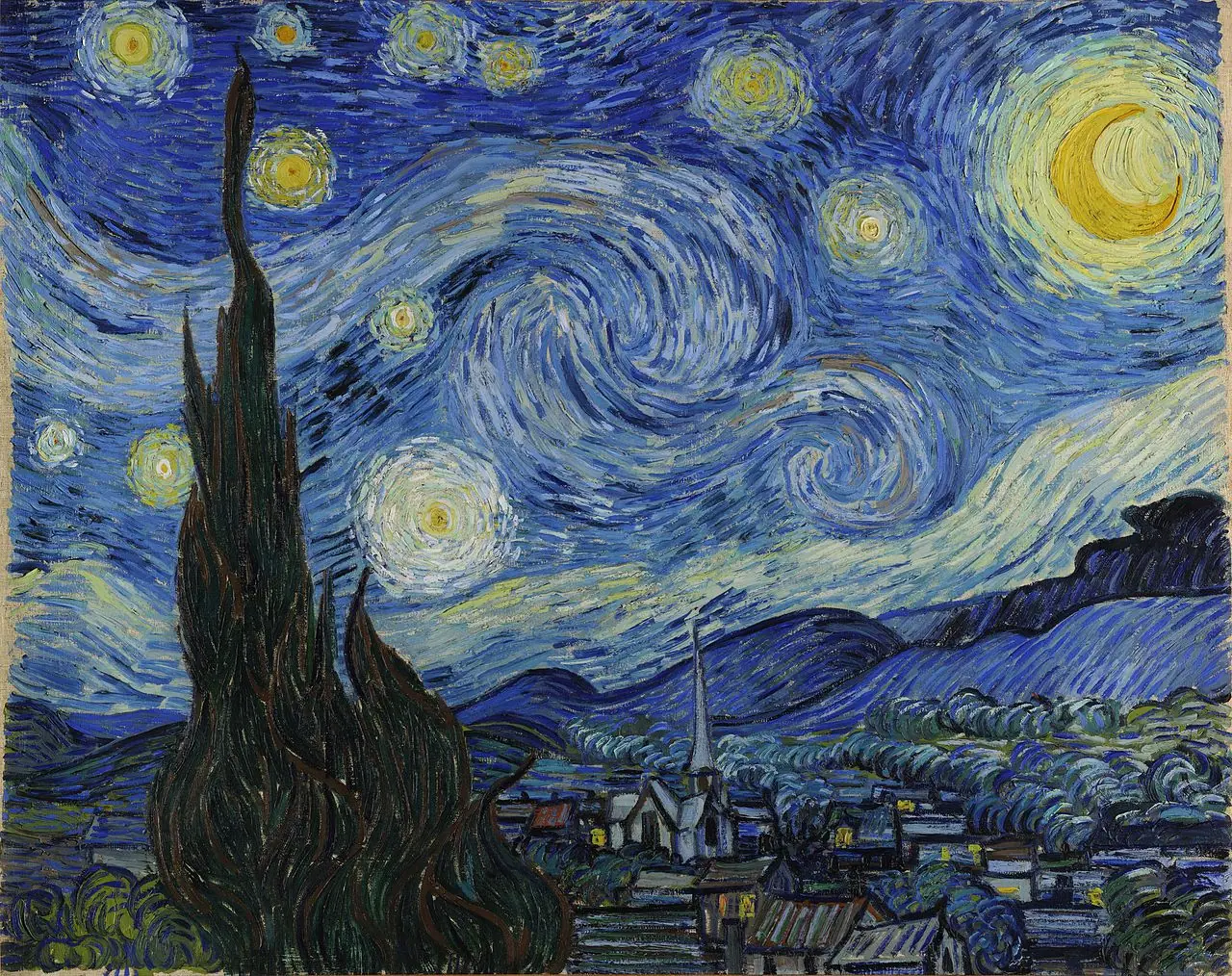 The Starry Night by Vincent van Gogh, a swirling blue night sky with blazing yellow stars over a quiet village
