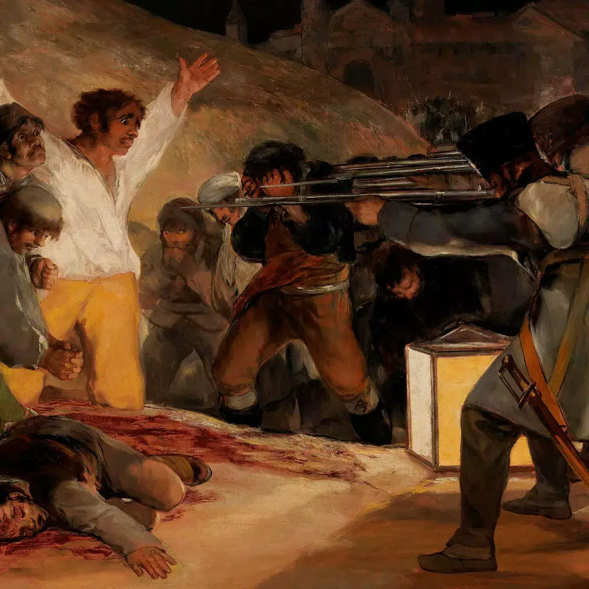 The Third of May 1808 by Francisco Goya, a man in a white shirt throwing his arms wide before a firing squad at night