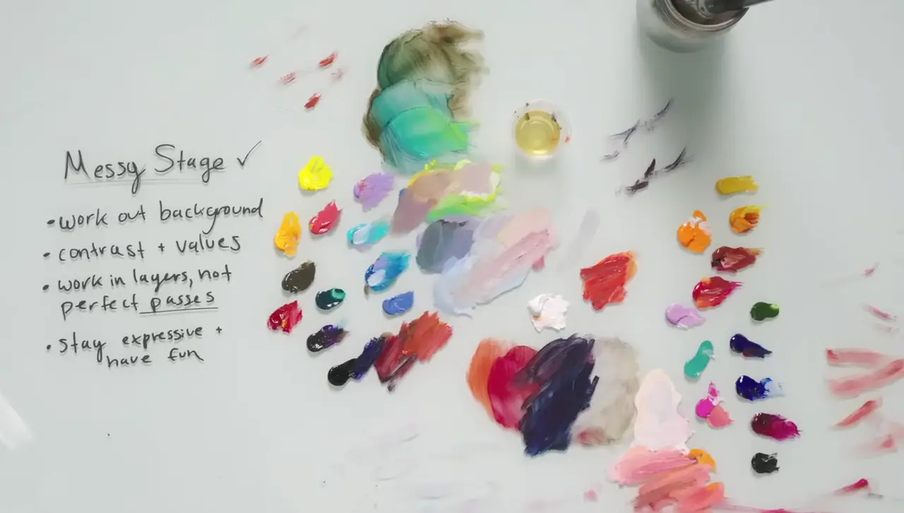 Palette of mixed paint with handwritten notes labeled the messy stage
