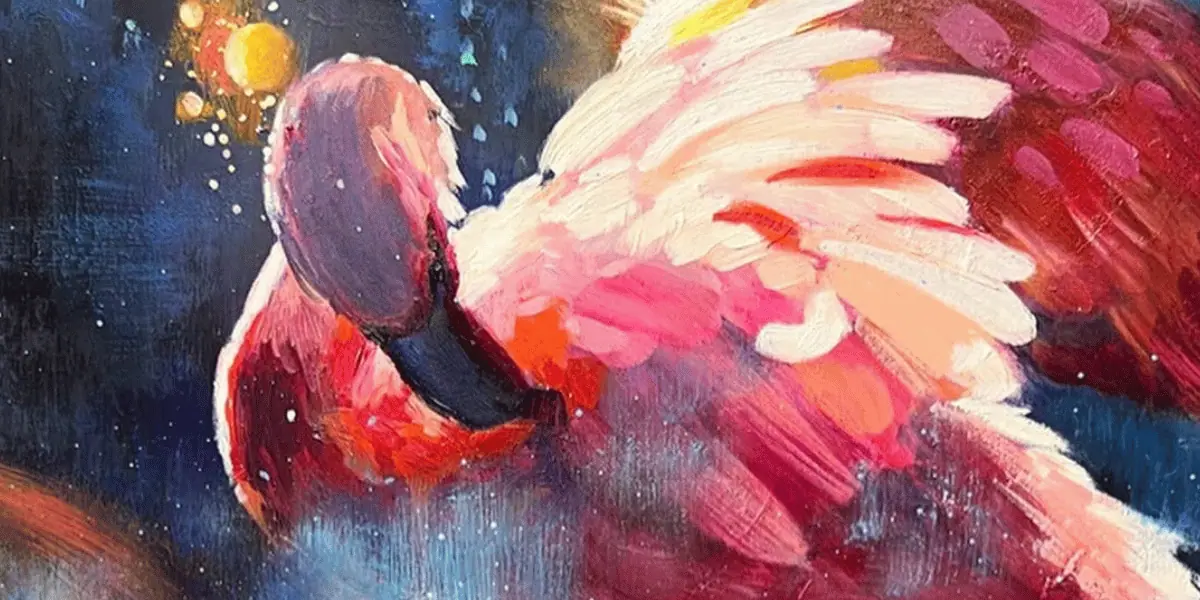 Flamingo painting with pink and cream feathers against a deep blue background