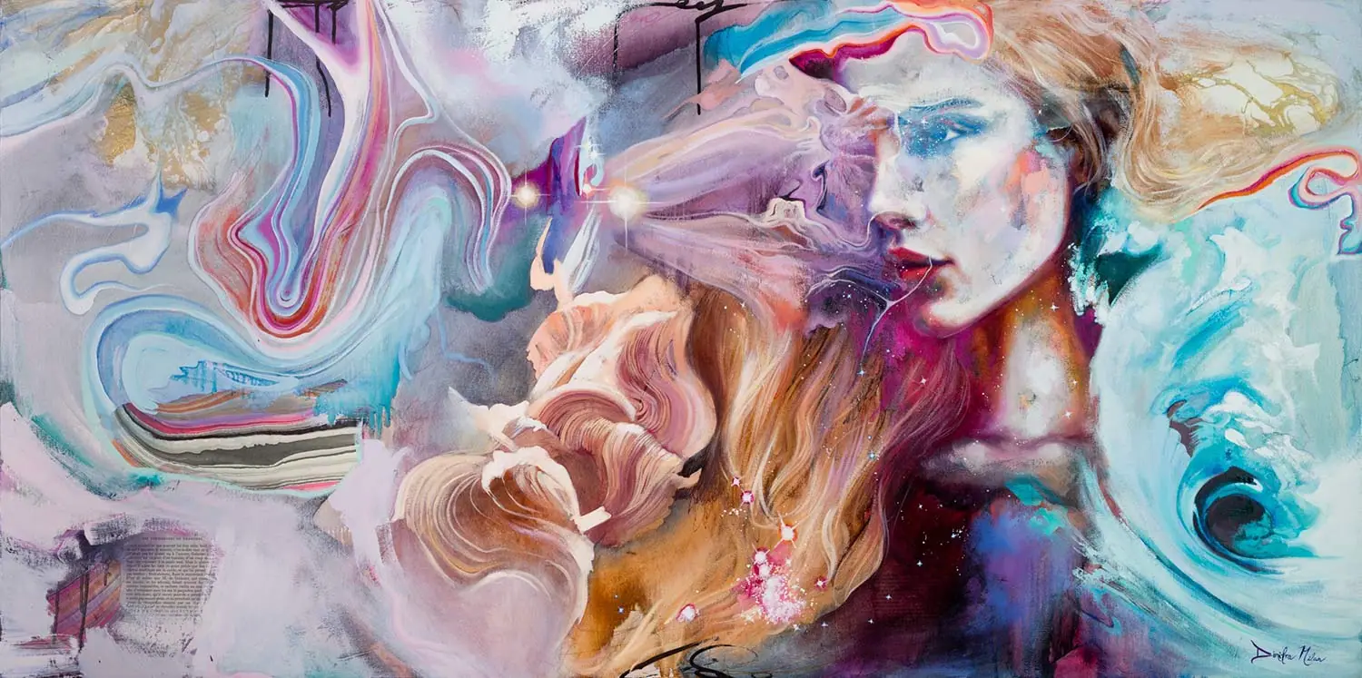 Abstract painting layering vivid reds, blues, and yellows around a portrait
