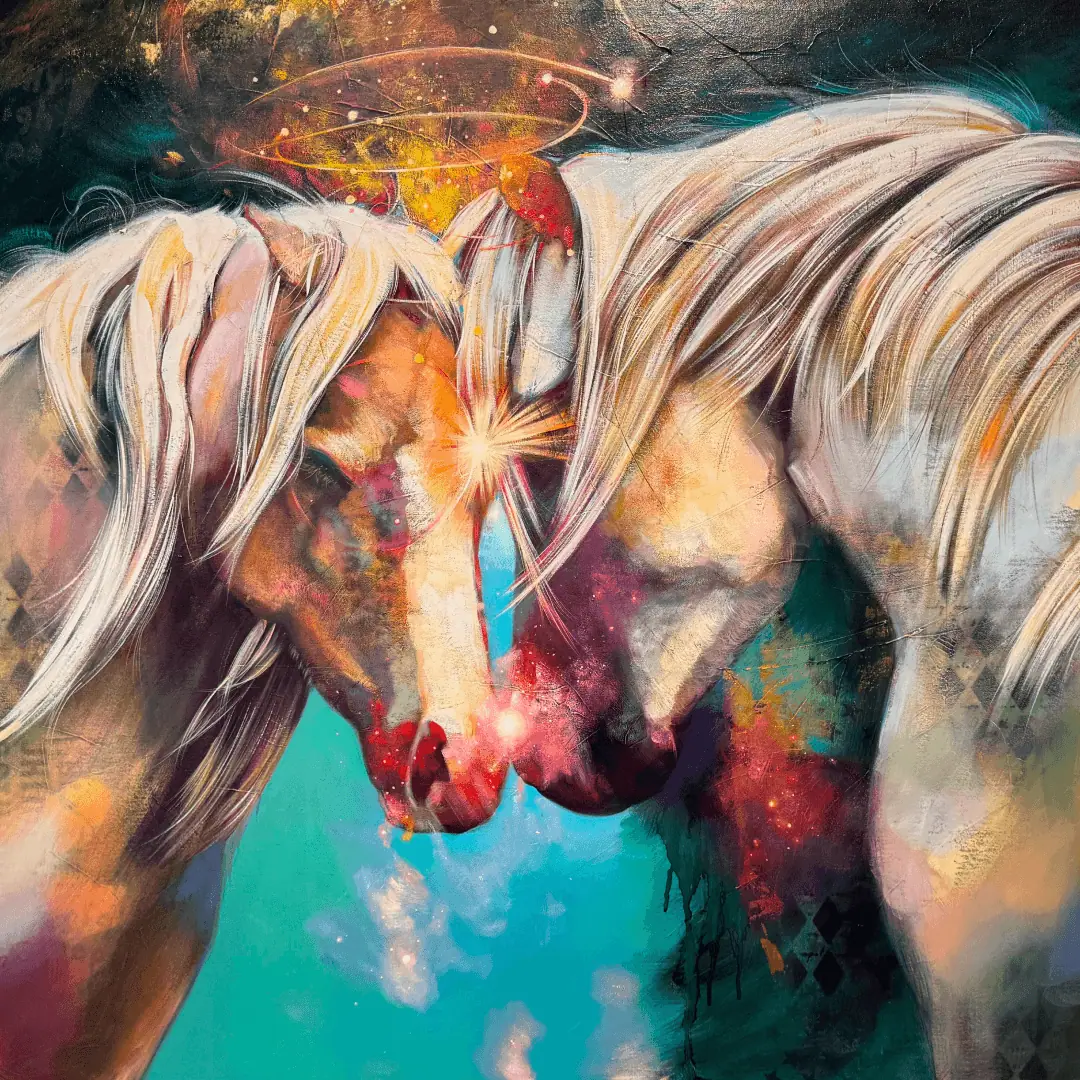 Oil and mixed media painting of horses with soft blended edges and layered color