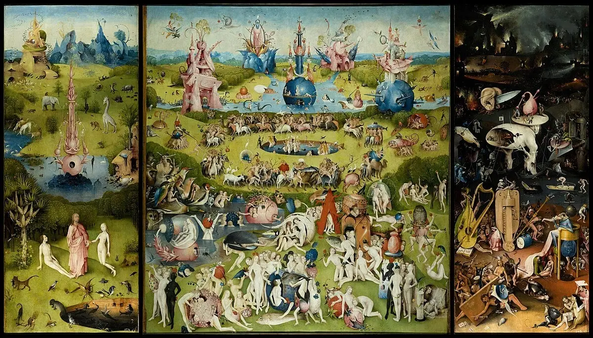 The Garden of Earthly Delights triptych by Hieronymus Bosch, crowded panels depicting paradise, temptation, and damnation