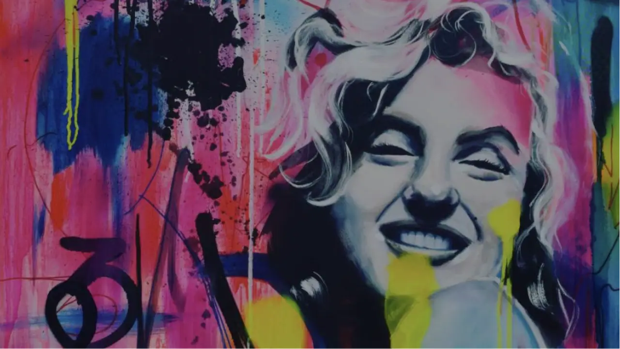 Bianca Lever abstract painting of a woman in pink, yellow, and black with written text