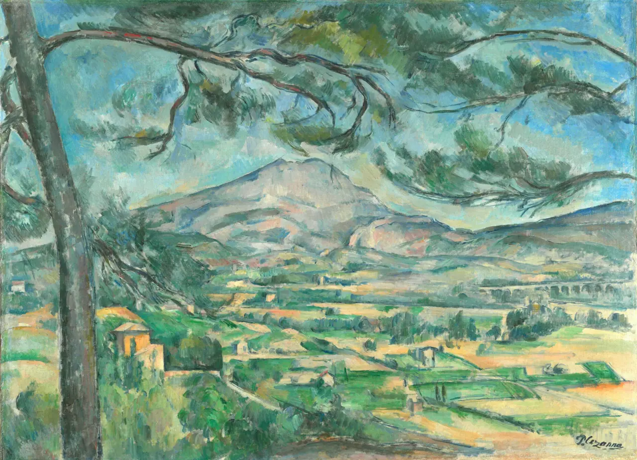 Mont Sainte-Victoire by Paul Cezanne, a mountain landscape broken into planes of color and simplified geometric shapes