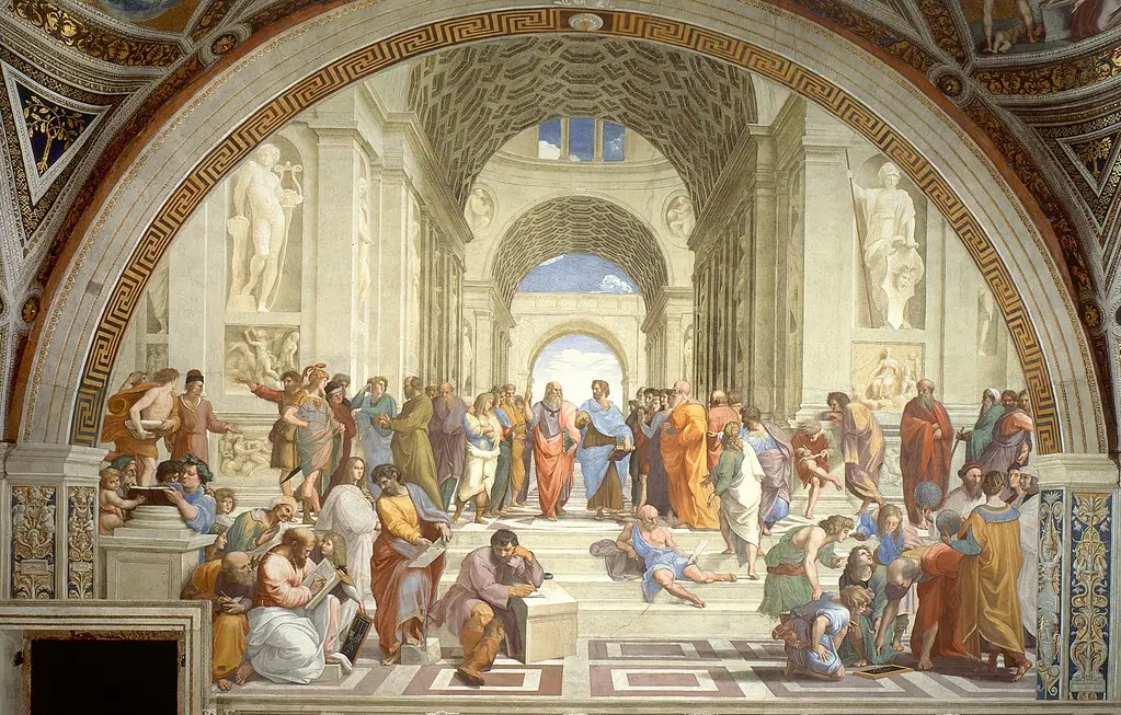 The School of Athens by Raphael, philosophers gathered in conversation beneath grand classical arches