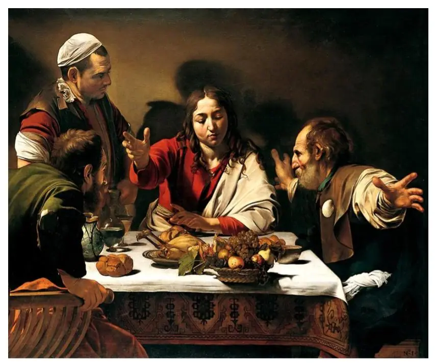Caravaggio's painting Supper at Emmaus showing the risen Christ at a table with his disciples, lit by a single strong light against a dark background