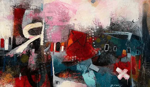 Acrylic abstract painting in red, green, and blue with loose layered marks