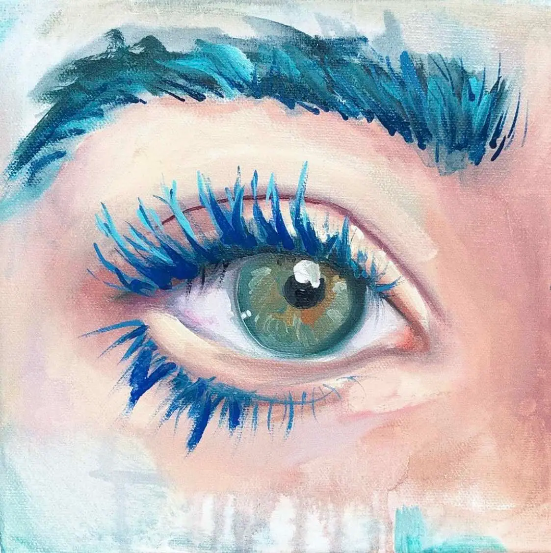 A painted eye with peach skin tones, a green iris, and stylized blue eyelashes