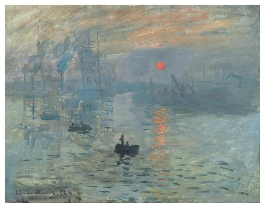 Impression, Sunrise by Claude Monet, a harbor at dawn with a glowing orange sun and loose broken brushwork over hazy blue water