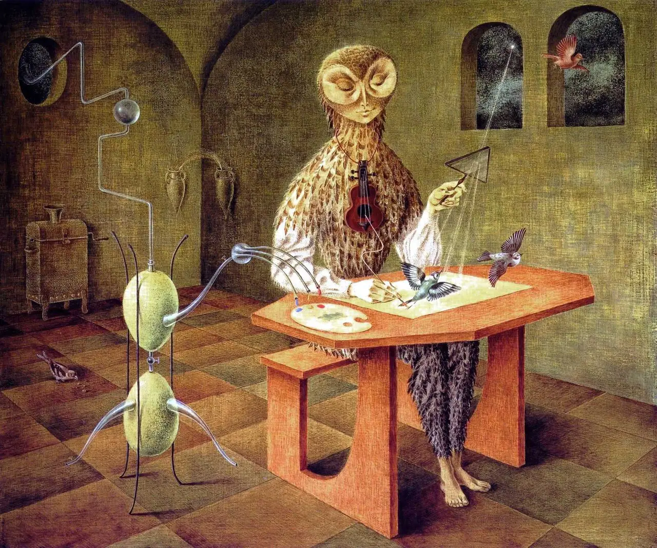 Remedios Varo Creation of the Birds showing an owl like figure drawing birds into life