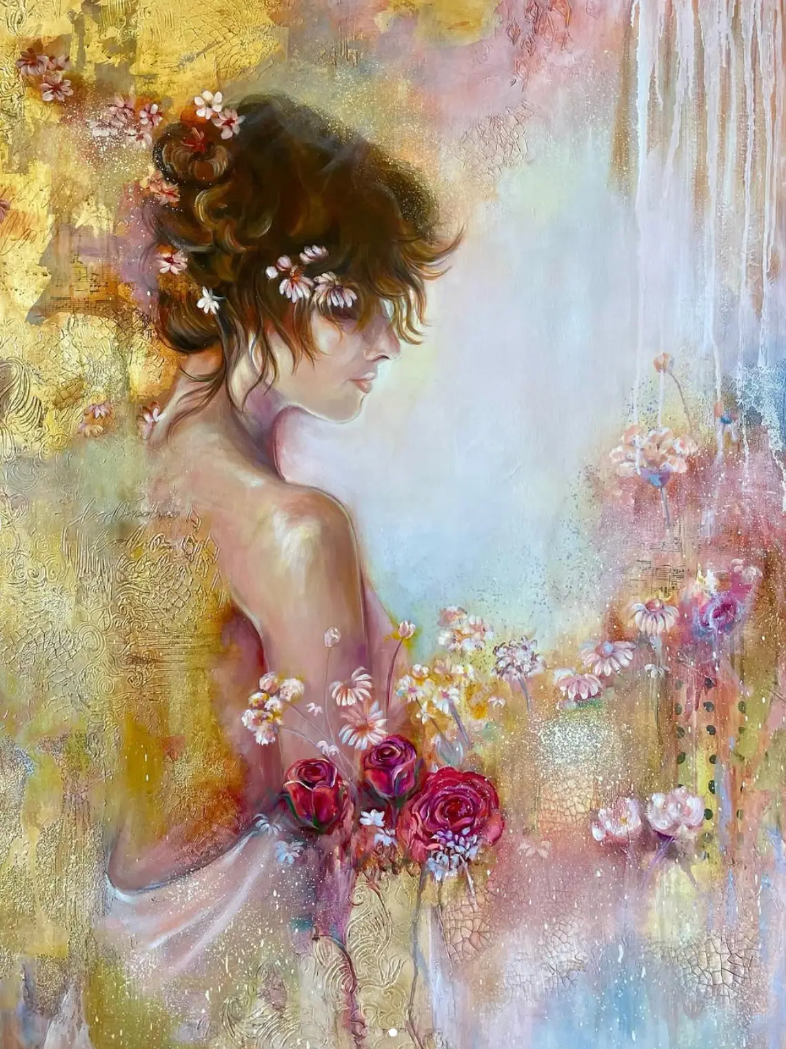 Portrait of a brunette woman surrounded by red roses and daisies with gold accents