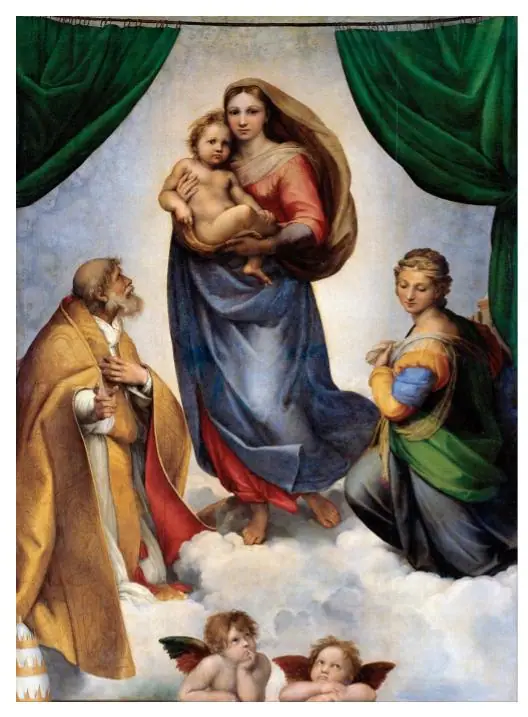 The Sistine Madonna by Raphael showing the Virgin holding the Christ child between two saints and two winged figures