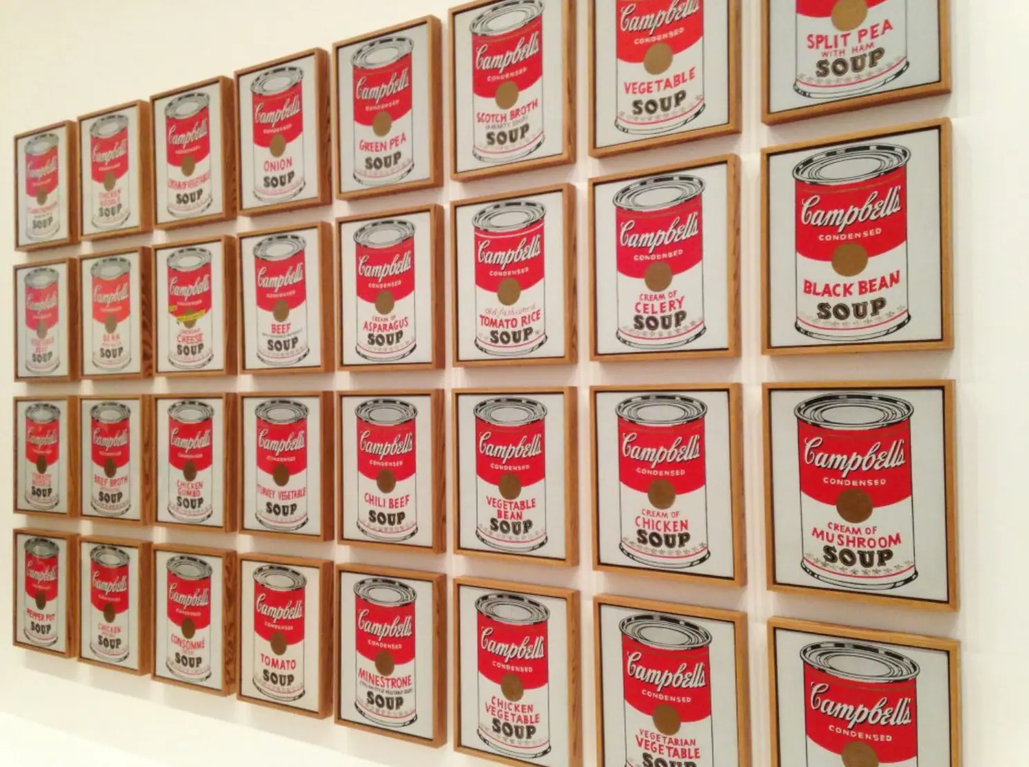 Andy Warhol Campbell's Soup Cans showing rows of repeated soup can imagery