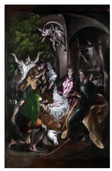 Adoration of the Shepherds by El Greco showing shepherds gathered around the newborn Christ in dramatic light