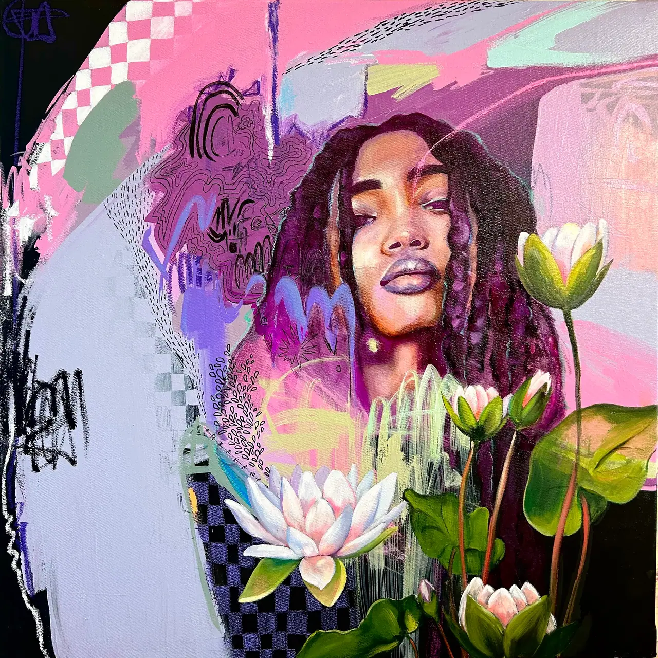 Surreal portrait of a woman blended with a blooming lotus flower